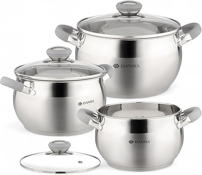 Daniks Modern 6-Piece Stainless Steel Cookware Set with Glass Lids Tri-Ply Bases for Even Heating Induction Compatible Dishwasher Safe Heatproof Handles
