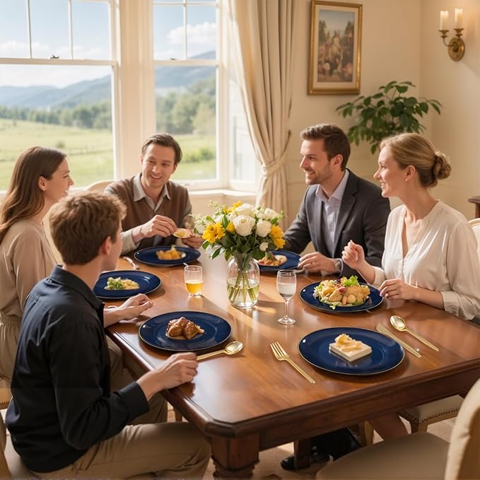 bUCLA 150PCS Blue and Gold Plastic Plates - 25 Guests Navy Blue Plastic Dinnerware Disposable for Party and Passover - Include 25 Dinner/Dessert Plates 25 Knives 25 Forks 25 Spoons 25 Cups