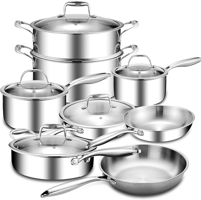 11-Piece Pots and Pans Set 18/10 Stainless Steel Cookware Set Induction Compatible PFOA-Free Coating Dishwasher Safe Includes Frying Pan &amp Sauce Pan with Lids
