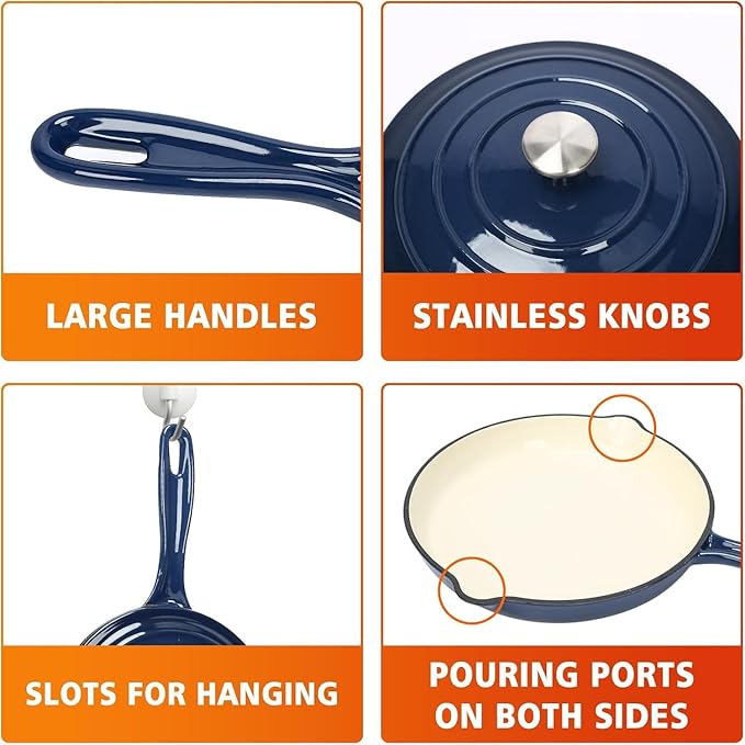 Hisencn Enameled Cast Iron Cookware Set - 7 Piece Dutch Ovens Set Sauce Pan Skillet 3 Lids Pots and Pans Set Ceramic Coated Cast Iron Heavy Duty Gas/Induction Compatible PFA Free