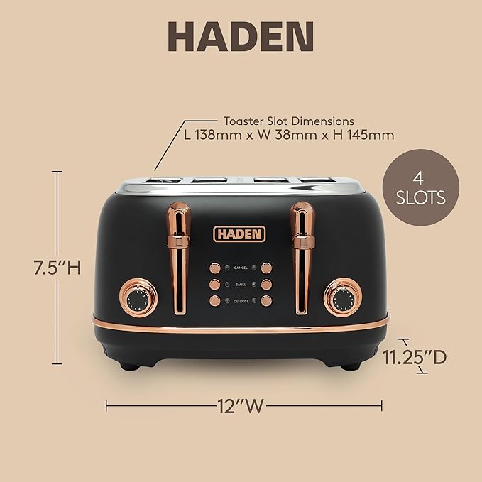 HADEN Heritage 4-Slice Toaster with Extra Wide Slots 1500-Watt Black &amp Copper - Retro Stainless Steel Design with Self-Centering Function Adjustable Browning Control &amp Removable Crumb Tray