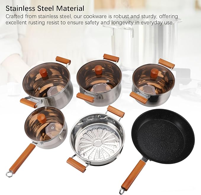 Stainless Steel Cookware Set 5 Ply Clad Wood Handle Pot Multifunctional Dual Handle Cookware Even Heat Distribution Oven