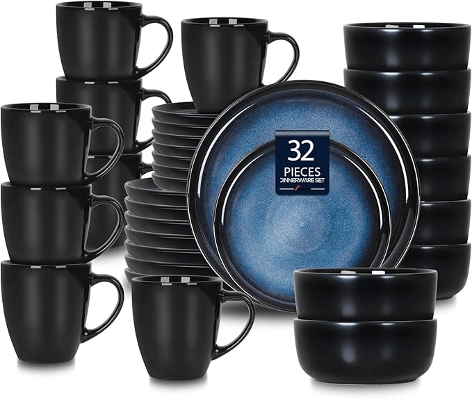 Romswi Dinnerware Set for 8 32Pcs Stoneware Plates and Bowls Sets with Mugs Chip &amp Scratch Resistant Dish Set Handmade Reactive Glaze OvenMicrowave and Dishwasher Safe Dreamy Moonlight-Blue