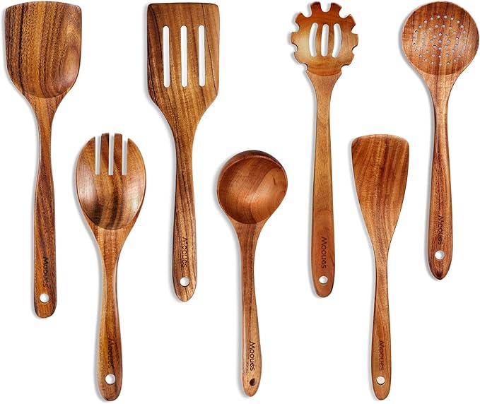 Wooden Spoons for Cooking Wooden Utensils for Cooking Natural Teak Wooden Kitchen Utensils Set Comfort Grip (7 PCS SET)