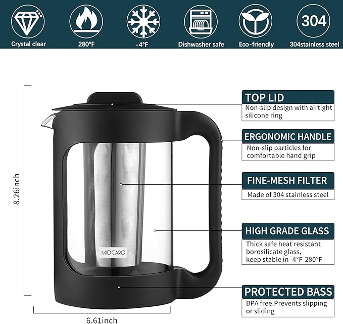 SIXAQAUE Cold Brew Ice Coffee Maker Stainless Steel Strainer Large 52 Oz Juice Tea Cooler