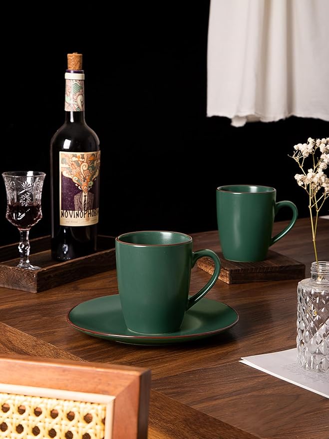 Famiware Venus Plates and Bowls Sets with Coffee Mugs Set 18 Pieces Stoneware Dinnerware Sets Dark Green