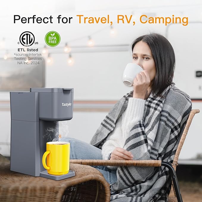 Mini Hot and Iced Coffee Maker Single Serve for K Cup and Ground 6 to 14 Oz Brew Sizes with Recipe Book for Home Travel RV Office and Dorm Elegant Gray