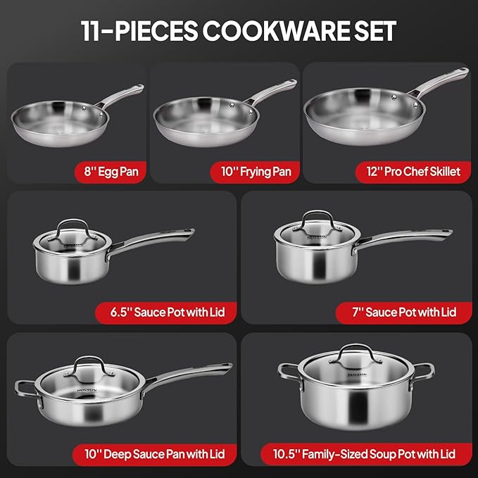 ROVSUN 11-Pcs Stainless Steel Cookware Set Tri-Ply Pots and Pans Set Non-Toxic Kitchen Set PFOA &amp PTFE Free Full Clad Frying Pans Saucepans Saute Pan &amp Stock Pot Compatible for All Cook