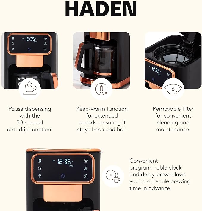 Haden Dual Brew 12 Cup Hot and Iced Coffee Maker with 120 Minute Keep Warm Delay Brew Adjustable Strength Programmable Clock and Anti Drip Black