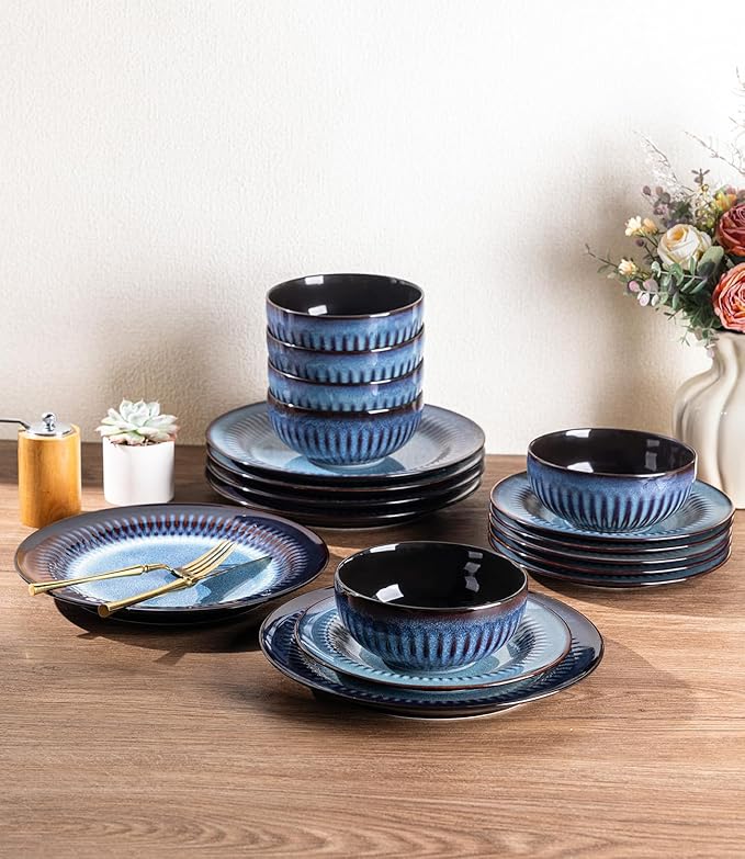 LERATIO Ceramic Dinnerware SetsHandcraft Embossed Plates and Bowls SetsDishwasher &amp Microwave &amp Oven Safe Dishes set-White