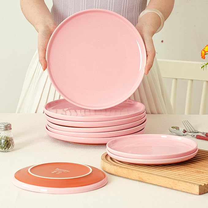 24 Piece Dinnerware Set Dual Glaze Stoneware Plates and Bowls Sets Modern Dinner Plate Salad Plate Cereal Bowl Dish Set for 8 Microwave and Dishwasher Safe Pink