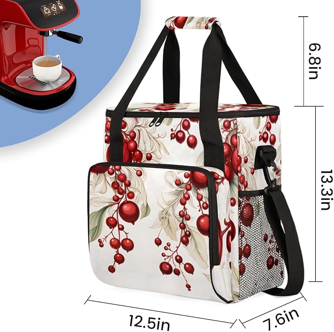 Christmas Flowers Coffee Maker Carrying Bag Modern Flowers Travel Storage Bag Compatible with K-Mini or K-Mini Plus Single Serve Coffee Brewer Carrying Case with Multiple Pockets &amp Shoulder Stra