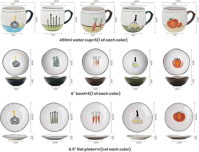 Dinnerware Sets - Luxury Gift Dishes Service Set Ceramics Dinner Sets 20 Pieces Hand Drawn Vegetable Pattern Porcelain Dinnerware Set | Mug Cereal Bowl and Steak Plate