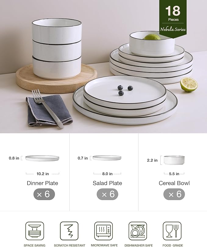 Famiware Nebula Plates and Bowls Sets 18 Pieces Dinnerware Sets Dishes Set for 6 White with Black Rim