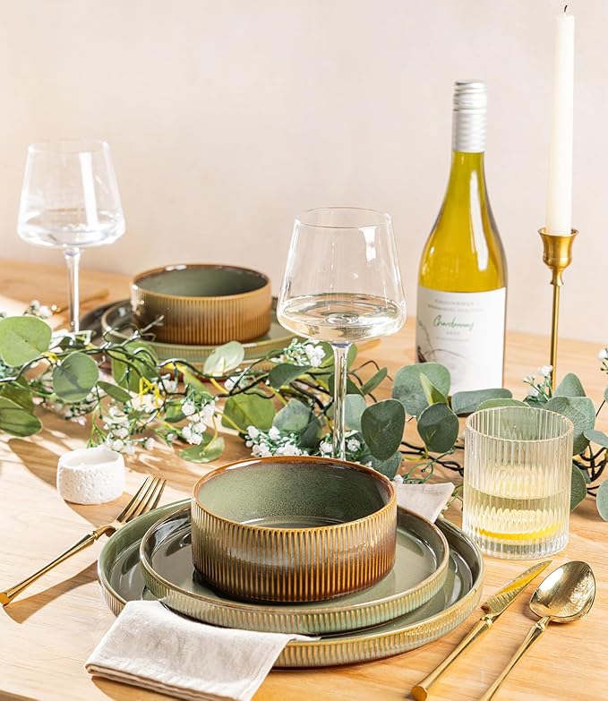 TheTerra Ceramic Dinnerware Sets with Pasta Bowls for 4 16 Pieces Porcelain Lightweight Plates and Bowls Sets Scratch Resistant Dish Set Oven &amp Microwave &amp Dishwasher Safe Sage Umber
