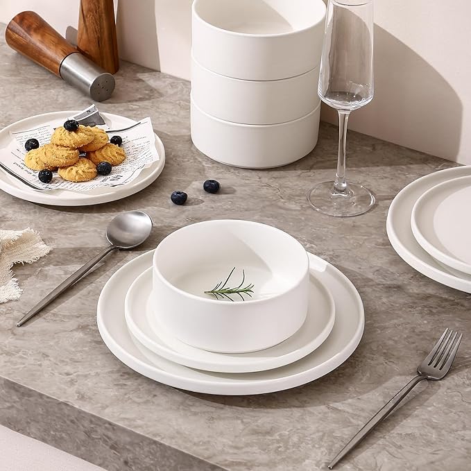 GZG Classic Series - Plates and Bowls Set for 6 18 Piece Stoneware Dinnerware Sets Microwave and Dishwasher Safe Lead-Free Handcrafted Ceramic Dishes Set - Ivory White