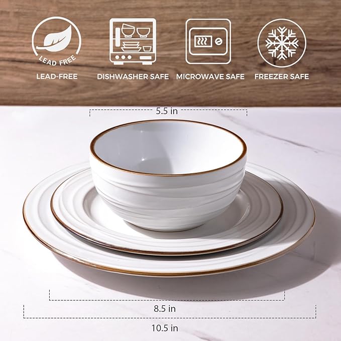 GBHOME Ceramic Dinnerware Sets 24 pcs Embossed Elegant Stoneware Plates and Bowls Sets Housewarming Wedding Gift | Dishwasher &amp Microwave Safe | Dishes Set Service for 8
