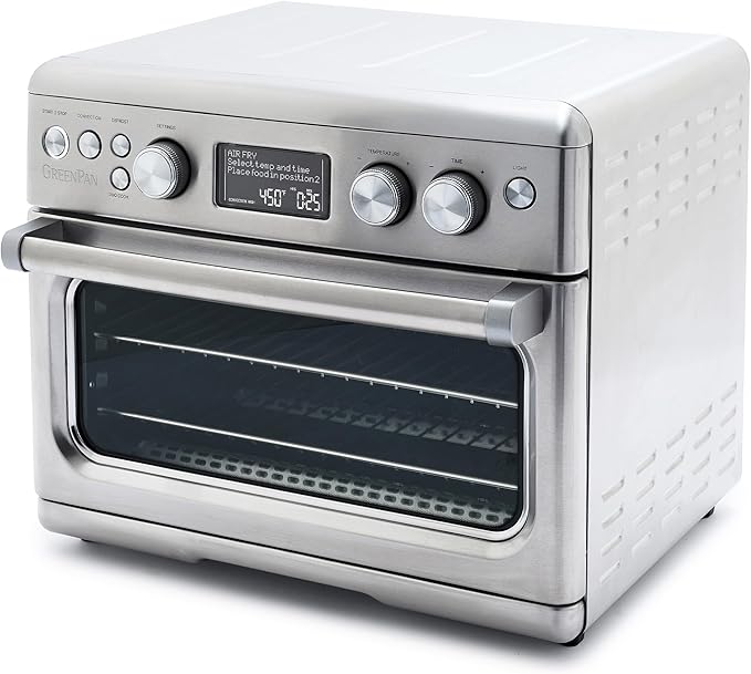 GreenPan 13-in-1 Elite Countertop Convection Oven and Air Fryer PFOA and PFAS-Free Ceramic Tray and Pizza Pan Adjustable Racks Multifunction Presets Toaster Bake Broil Roast Stainless Steel