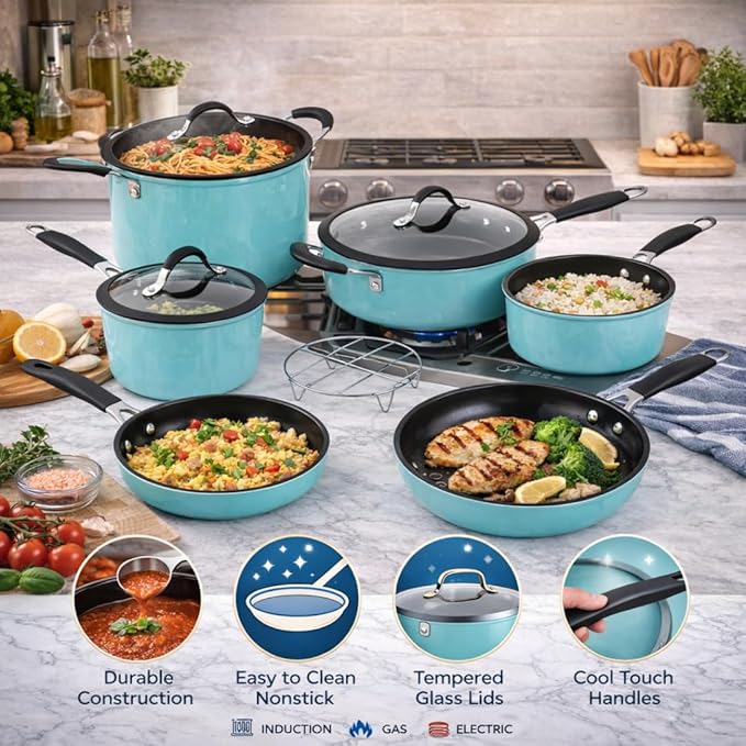 Alpine Cuisine 10-Piece Aluminum Forged Nonstick Cookware Set with Stainless Steel Handles Induction-Ready Pots &amp Pans Glass Lids Teal
