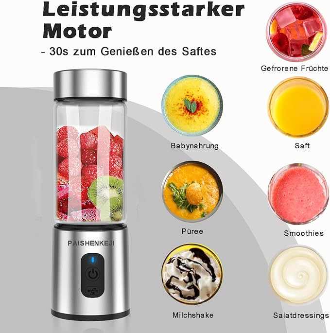Glass Portable Blender Smoothies: Mini Personal Blender Shakes and Smoothies Small USB Rechargeable Baby Food Travel Beach Office Sports Kitchen Gym Use
