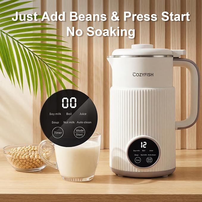 Cozyfish 35oz Nut Milk Maker Multi-Functional Automatic Soy &amp Almond Milk Machine with 12-Blade Stainless Steel for Oat Soup Juice &amp Plant-Based Beverages Timer Auto Clean Keep Warm Boi