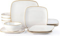 AmorArc Ceramic Dinnerware Sets for 4 12 Pieces Square Handpainted Plates and Bowls Set Chip and Scratch Resistant Stoneware Dishes Set Dishwasher &amp Microwave Safe Pearl White