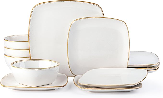 AmorArc Ceramic Dinnerware Sets for 4 12 Pieces Square Handpainted Plates and Bowls Set Chip and Scratch Resistant Stoneware Dishes Set Dishwasher &amp Microwave Safe Pearl White