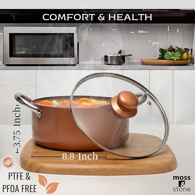 Moss &amp Stone 7 Pcs Copper Chef Cookware Non Stick Deep Frying Pan 9.5 x 3.5 Fry Basket Dishwasher &amp Oven Safe 5 Qt Deep Square Pot Non Stick Pan &amp Round Pot Induction Copper Cookwar