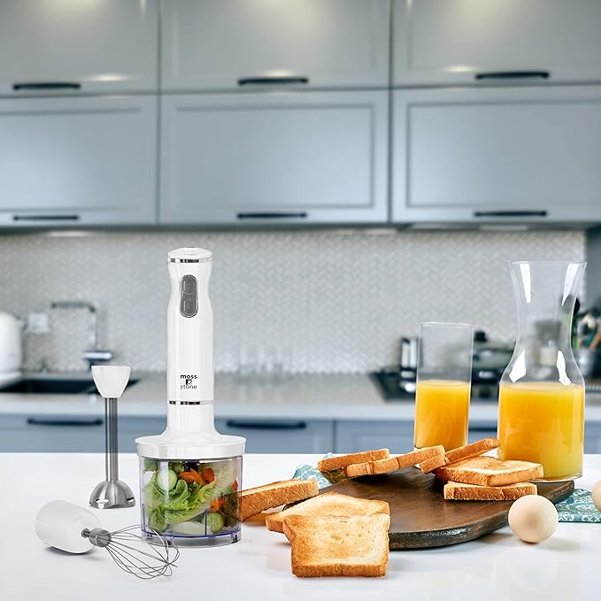 Moss &amp Stone Hand Blender With Egg Whisk &amp Chopper Powerful 300 Watt - Stick Blender Hand Mixer Set Stainless Steel Shaft &amp Blades White Handheld Blender With Ergonomic Handle