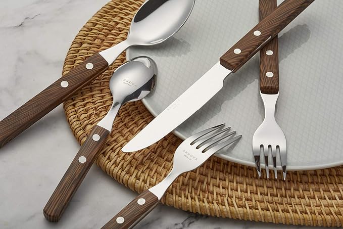 ANNOVA 20 Piece Silverware Set Service for 4 Stainless Steel Retro/Rivet Walnut Wood Tableware Kitchen Flatware Set Utensils Includes Dinner Knives Forks Spoons Salad Forks &amp Dessert Spoons