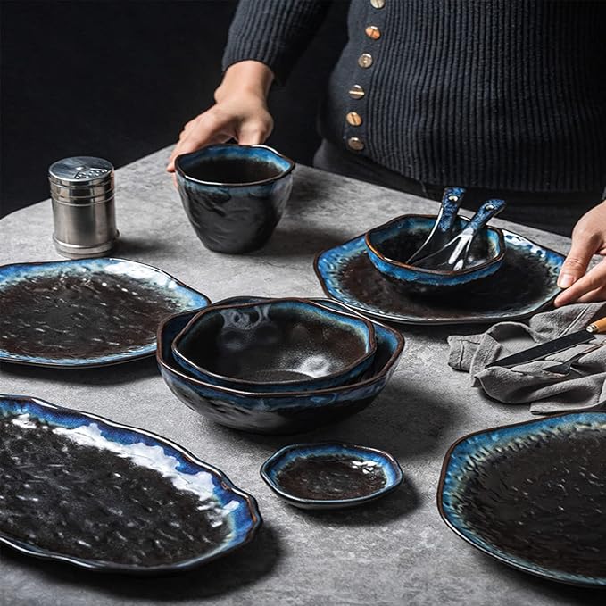 Table Service Crockery SetStoneware Dinnerware Sets - 18 Pcs Dish Set Tableware Combination Set Service for 4 Serveware Set Ceramic Dinner Plates Salad Plat