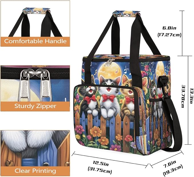 Cartoon Cat Singing On Flowery Fence Coffee Maker Carring Bag Travel Carrying Storage Tote Bag Compatible with Keurig K-Mini or K-Mini Plus Portable Single Serve Coffee Brewer Case with Pockets