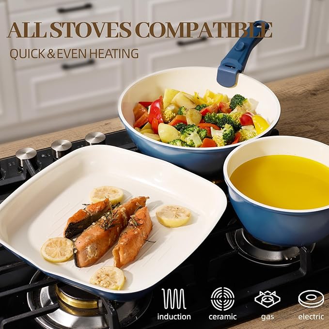 23Pcs Ceramic Cookware Set Non Stick Pots and Pans Set Non Toxic with Detachable Handle Induction Kitchen Cookware Set Space Saving Oven &amp Dishwasher Safe Navy