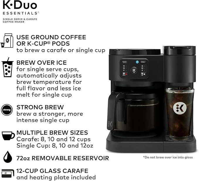 K-Duo Essentials Hot &amp Iced Single-Serve Coffee Maker with 12-Cup Glass Carafe Brews KCup Pods &amp Coffee Grounds Multiple Brew Sizes 72 oz Reservoir Pause &amp Pour Feature (Blacks)