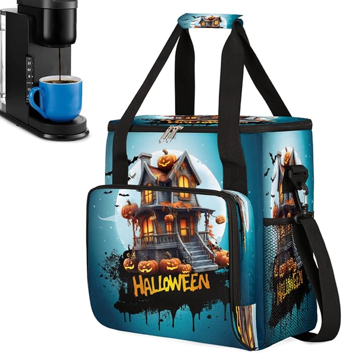 Halloween Moon Castle Pumpkin Bats Coffee Maker Carring Bag Travel Carrying Storage Tote Bag Compatible with Keurig K-Mini or K-Mini Plus Portable Single Serve Coffee Brewer Case with Pockets