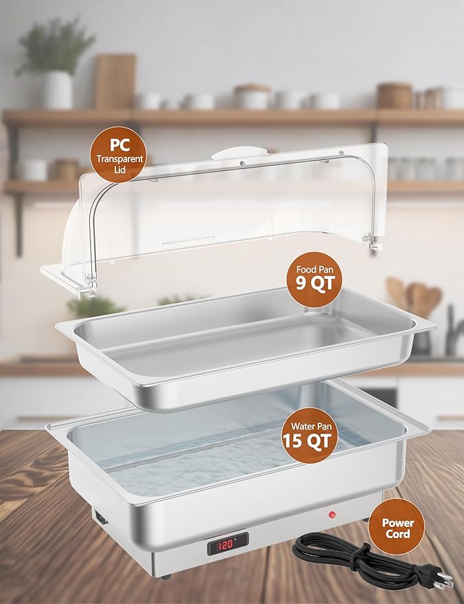 Electric Buffet Chafing Dish Warmer Set – 2-Pack 9QT Stainless Steel with Roll Top Lid – Adjustable Temperature Control – Full-Size Food Pans – NSF Commercial Catering Equipment for Parties