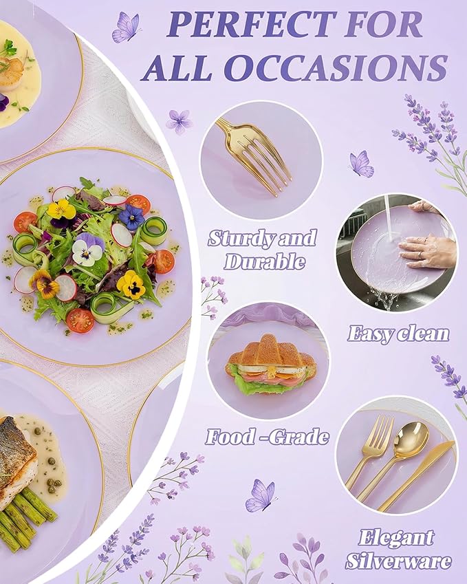 bUCLA 150PCS Purple Plastic Plates - Light Purple and Gold Disposable - Include 25 Each (Dinner &amp Dessert) lavender Plates 25 Knives 25 Forks 25 Spoons &amp 25 Cups for Party Easter &amp Wed