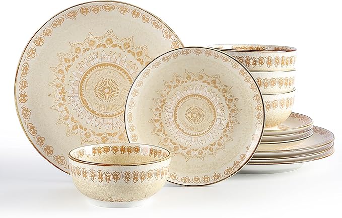 Sweejar Dinnerware Sets Service for 4 12 pcs Porcelain Plates and Bowls for Kitchen Housewaring Gift Chip and Scratch Resistant Dish Set Handmade Dishwasher and Microwave Safe Plate Set Bohemian