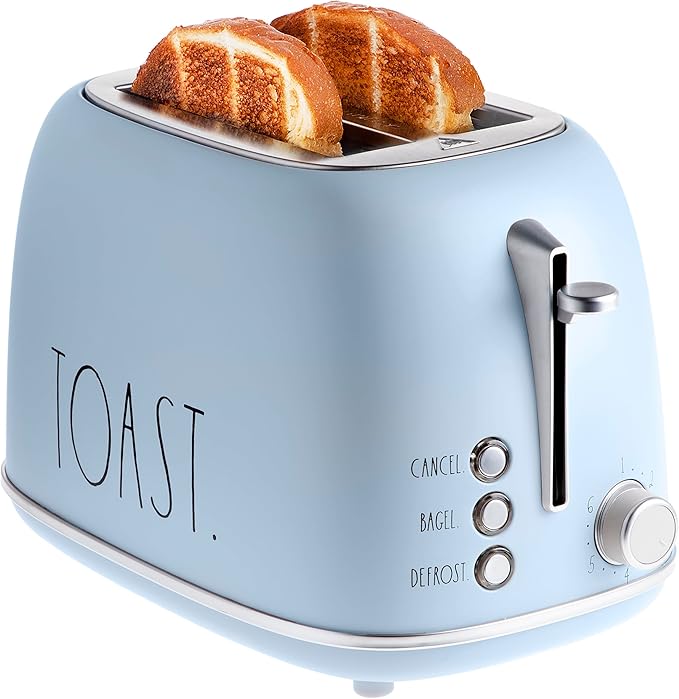Rae Dunn Retro Rounded Bread Toaster 2 Slice Stainless Steel Toaster with Removable Crumb Tray Wide Slot with 6 Browning Levels Bagel Defrost and Cancel Options (Baby Blue)