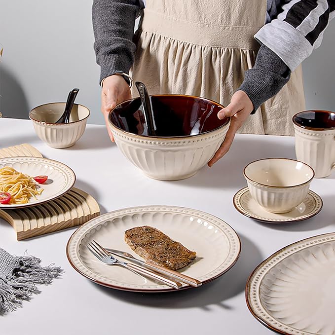 Vintage Ceramic Dinnerware Sets for 4 Farmhouse Style 20-Piece Plates and Mugs Beige Brown Rustic Embossed Stripe Design Dishwasher Microwave Safe