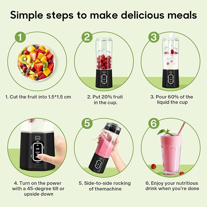 MIAOKE 2026 Upgrade 700 ML Portable Smoothie Blender Rechargeable Personal Blende Contains both Automatic and Pulse Functions with Travel Cup and Lid 6 Sharp Blades Mixer Blender Machine Black