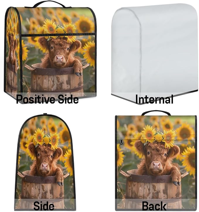 Kitchen Aid Mixer Cover Sunflowers Cute Highland Cow Stand Mixer Cover Compatible with 6-8 Quarts Stand Mixers Dust Covers with Zipper Pocket Foldable Washable Kitchen Aid Organizer Bag