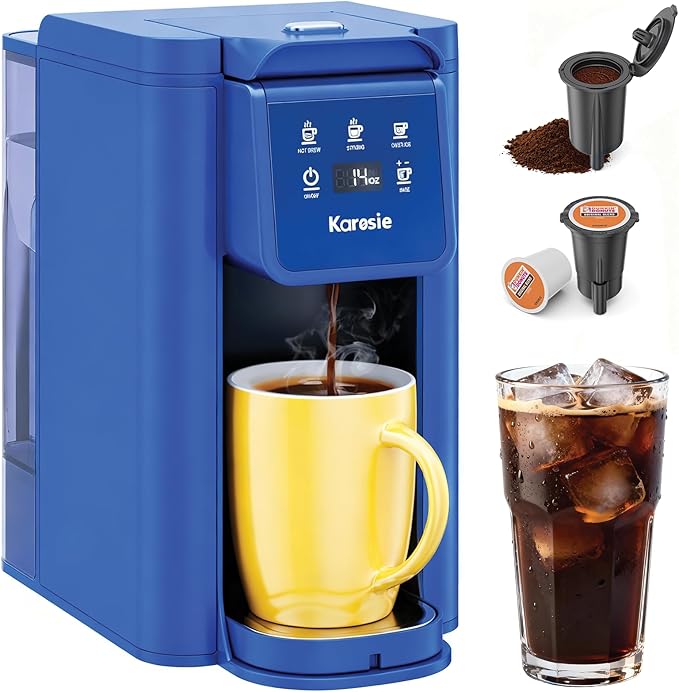 K Cup Coffee Maker Hot &amp Iced Coffee Maker for K Cup and Grounds 6-14 Oz Brew Sizes 50oz Removable Tank Single Cup Coffee Maker with Descaling Reminder Stainless SteelBlue