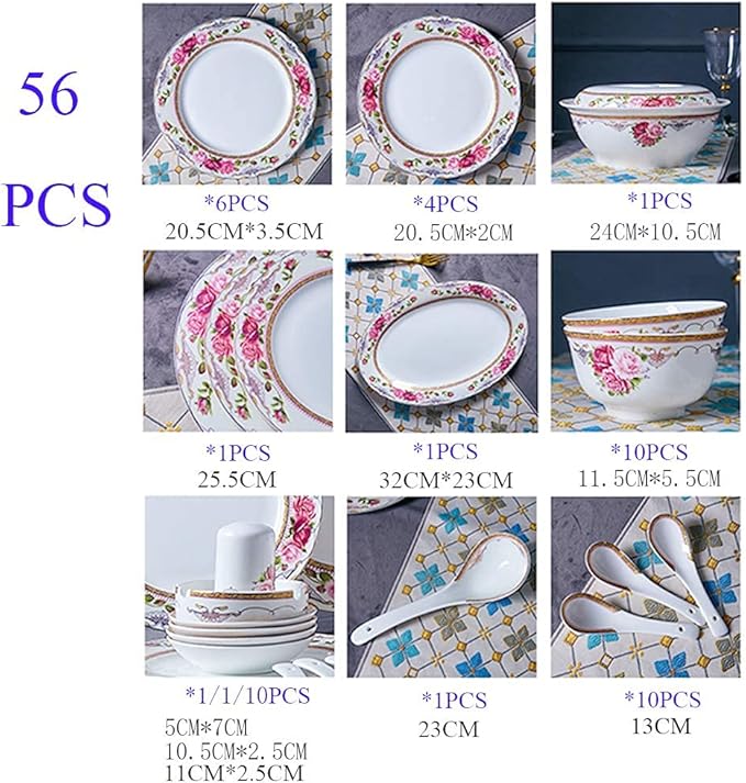 Flower Bone China Tableware Set Porcelain Dishes/Plate/Bowl Dinnerware SetCeramic Dinner SetsFine Dinnerware SetsDishwasher &amp Microwave Safe (A56pcs Service for