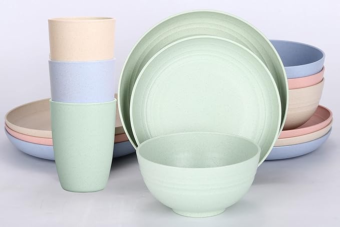 LuckyZone Wheat Straw Dinnerware Sets for 4 (Reusable Plates Bowls &amp Cups) - Lightweight Unbreakable Dinner Camping Dishes - Dishwasher &amp Microwave Safe Eco Friendly(12Pcs/4Color)