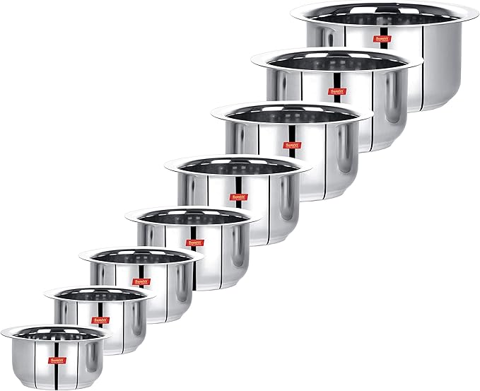 Sumeet Stainless Steel Mini to Big Size Flat Bottom Induction &amp Gas Stove Friendly Tope/Patila/Cookware Set of 8Pcs (370ML 550ML 800ML 1100ML1400ML 1800ML 2300ML 3000ML)