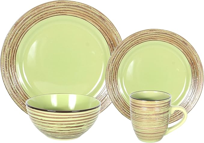 16 Piece Dinnerware Set Ceramic Plates and Bowls Sets for 4 Microwave and Dishwasher Safe Handcrafted Tree Bark Series Dish Set Oak Forest/Dark Green