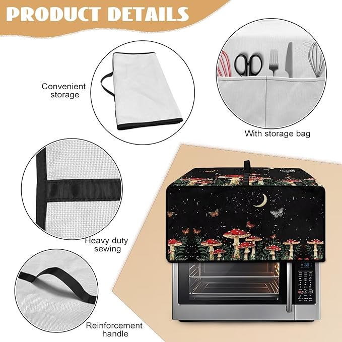 Toaster Oven Dust Cover with Accessory Pockets Neat Storage and Protection with Organizing Side Pockets for Kitchen Toaster Oven Appliances Decor Mushroom Moon