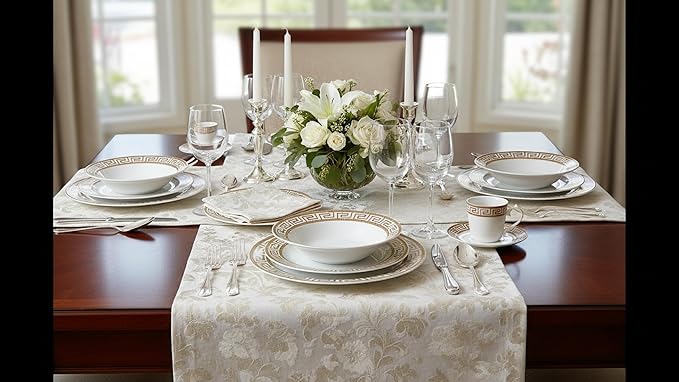 Lorren Home Trends 24 Piece Bone China Dinnerware Set with Gold Greek Key Design Service for 4 White