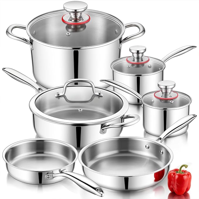 P&ampP CHEF 3-Ply Stainless Steel Cookware Set of 6 10-Pieces Pots and Pans Sets Stainless Steel for Kitchen Induction Multi Cooktops &amp Oven Dishwasher Safe Frying Pans Saucepans Saute Pan